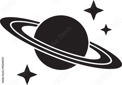 Black and white of a planet with rings and stars in the background space