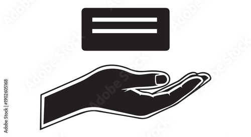 Simple black and white graphic illustration of a hand holding a credit or debit card, symbolizing payment or transaction.