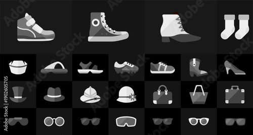 Collection of monochrome fashion accessories and footwear icons including sneakers boots high heels hats sunglasses and handbags on a dark black background