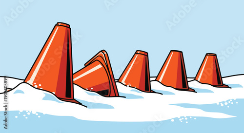 Row of orange traffic cones buried in deep white snow