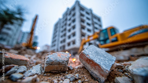 Rubble and broken bricks at demolition site with heavy machinery and damaged building background