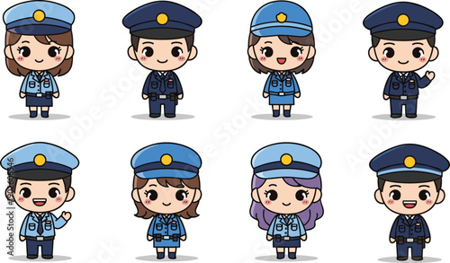 Cartoon police officers character set illustration featuring diverse uniforms, hats, hairstyles, and smiling expressions for law enforcement, community roles, education, and creative projects