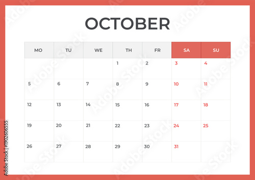 Daily planner. October 2026 minimal calendar template, week starts Monday.