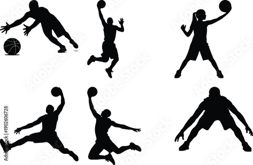 Basketball players, male and female, in silhouette.