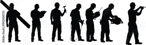 Construction workers silhouette illustration featuring hard hats, tools, beam carrying, drilling, sawing, and wrench use for labor, industry, building, teamwork, and engineering projects
