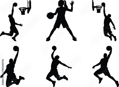 Basketball players, male and female, near hoop.