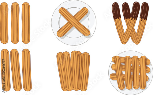 Churros dessert collection, fried pastry artwork, sweet snack design, chocolate dipped churros, food presentation art, bakery illustration set, flat vector illustration