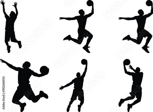 Dynamic basketball player silhouettes mid-air, jumping and reaching.