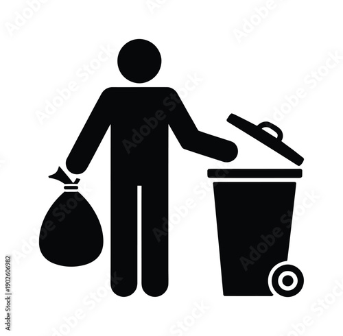 Foto Black vector silhouette shows man disposing trash in bin for proper waste management