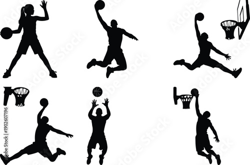 Basketball action silhouettes, male and female players, vector art