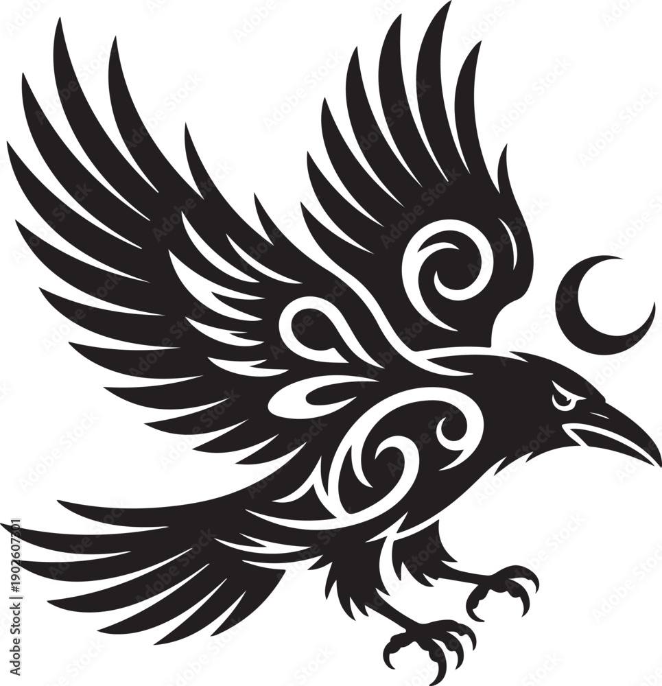Obraz premium Black and white raven with stylized wings and moon bird