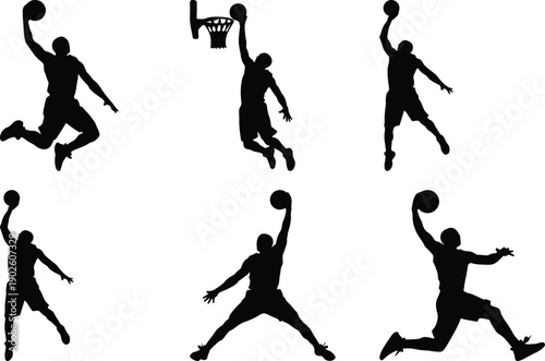 Basketball players silhouettes in action on white background