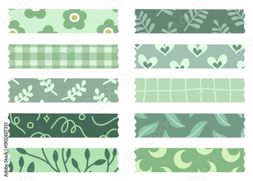 Pastel Green Botanical Washi Tape Set with Leaf, Floral, and Abstract Elements 