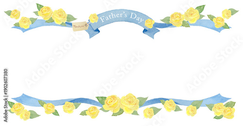 Φωτογραφία Elegant yellow rose floral border with blue ribbon and copy space for Father's D