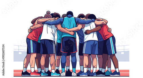 Diverse sports team in a huddle on an outdoor track field