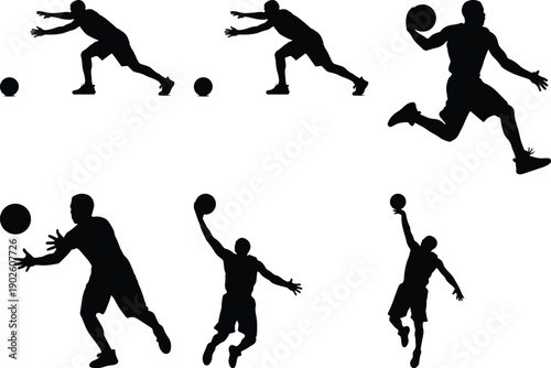 Basketball players silhouettes reaching for ball on white