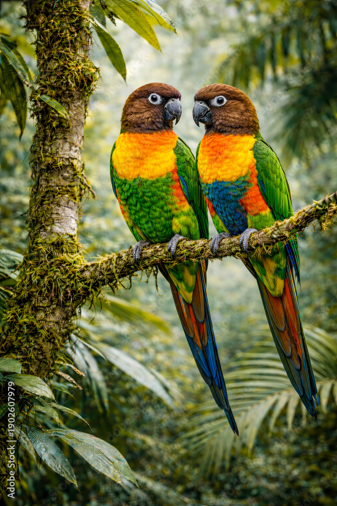 Obraz premium Brown headed parrots perched together on mossy branch with vivid colors