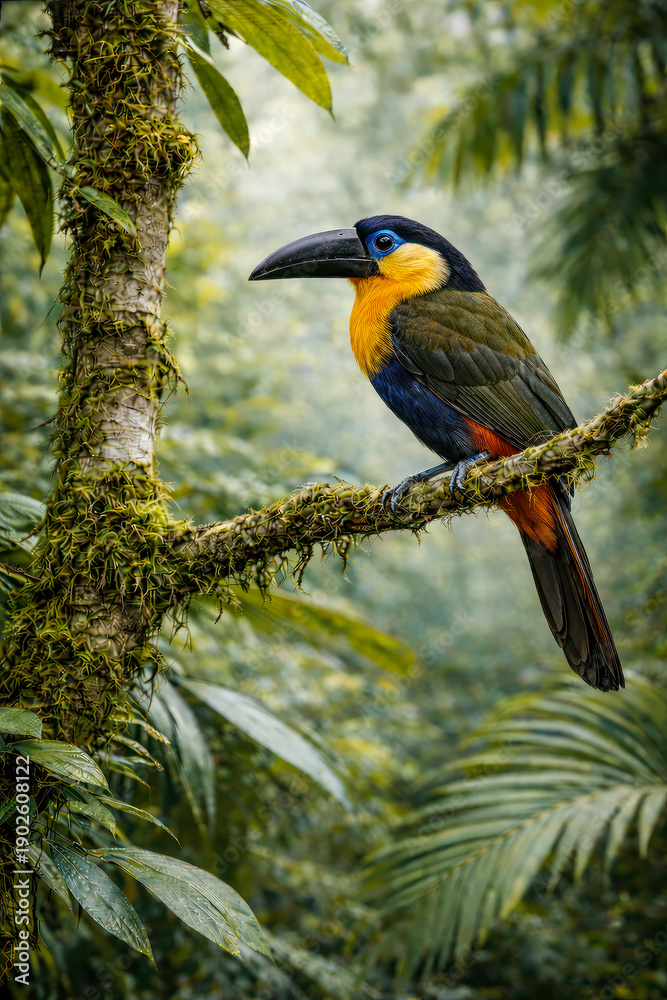 Naklejka premium Black billed toucan perched on mossy branch with colorful plumage