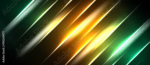 Abstract lines create dynamic visual effect. Bright colors blend, forming energetic composition. Diagonal streaks dominate dark background.