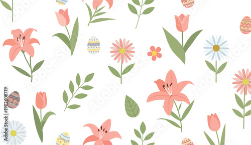 Whimsical floral pattern with pastel colored flowers and leaves