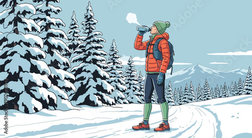 Young woman in orange jacket drinking water on snowy mountain trail