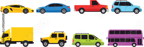 Collection of Modern Transportation Vehicles in Side Profile View Featuring Sports Cars, SUVs, Pickup Trucks, Delivery Vans, and Double Decker Buses for Urban Design