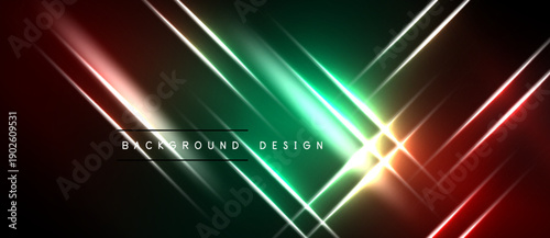 Abstract background features vibrant neon lines, gradients. Red, green, yellow hues create dynamic visual effect. Modern design element.