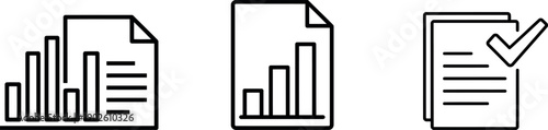 Business report icons outline including data chart and document vector isolated on transparent background