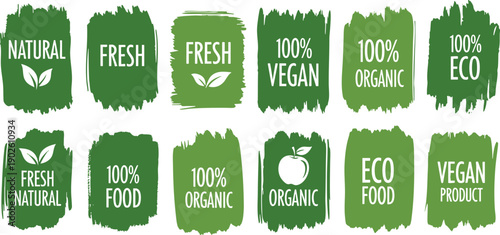 Set of 12 Green Brush Stroke Organic Eco Food and Vegan Labels Vector