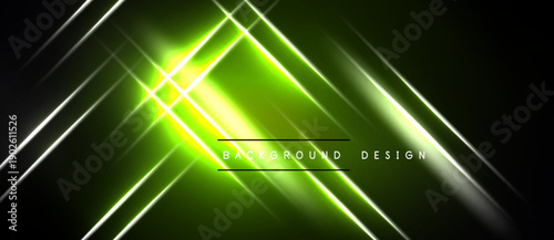 Abstract neon lines intersect over dark green background. Bright light creates dynamic visual effect, modern design element.
