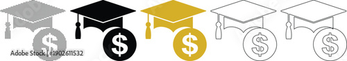 Graduation caps and dollar coins in various colors and styles for education finance concepts