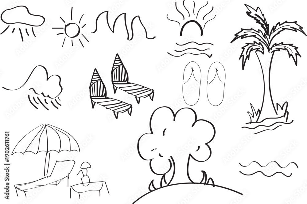 Obraz premium Hand Drawn Summer Vacation Doodle Icons Set – Beach, Sun, Travel Sketch Collection, Hand drawn summer vacation doodle icons set featuring simple line sketches of sun, beach chair, umbrella, palm tree 