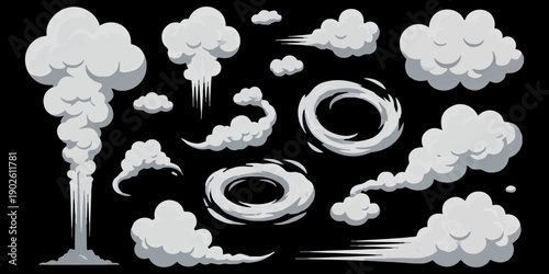 Collection of stylized white smoke and cloud elements on black background, cartoon explosion effect, abstract wisps, and swirling vapors for graphic design