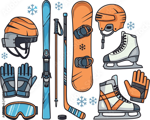 Collection of winter sports equipment including skis and snowboard