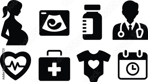 A collection of black silhouette icons depicting various healthcare and medical related concepts on a white background