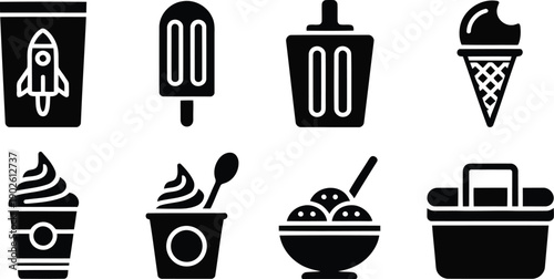 A collection of black silhouette icons depicting various frozen desserts and picnic items on a white background