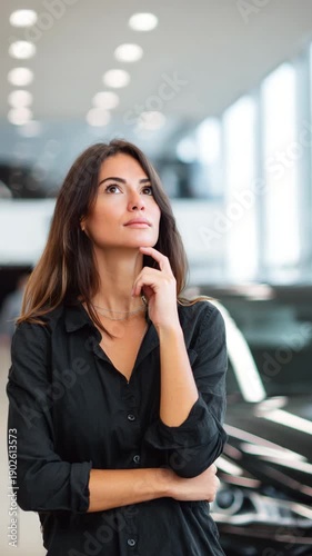 Thoughtful Customer standing in a modern car dealership showroom, considering vehicle options and making a purchasing decision.	