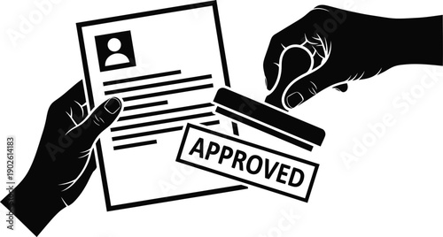 Hands approving document with rubber stamp