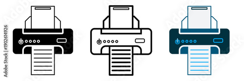 Desktop printer icon set featuring solid black, linear outline, and blue color versions with paper documents for office equipment or computer peripheral printing concepts isolated on white background.