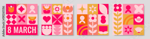 Set of geometric March greeting cards with abstract seasonal elements.