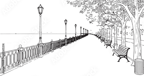 Serene waterfront promenade with lampposts and benches, idyllic park scene with trees and lake, black and white illustration, perfect for travel or leisure themes.