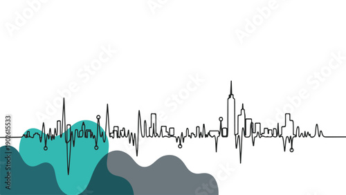 Dynamic continuous line art of a modern city skyline with an integrated energetic pulse waveform and abstract organic shapes, symbolizing urban connectivity, technology, and life flow