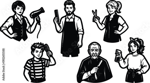 Retro tattoo flash vector set of six barber and hair stylist characters holding scissors comb blow dryer spray bottle close up portraits in bold black line art