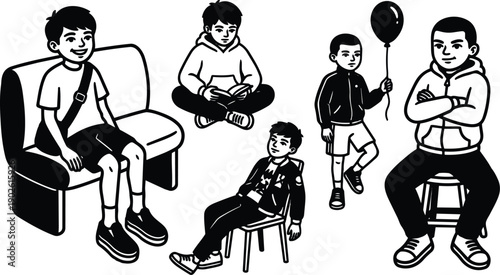 Line art vector boys group sitting on bench chair floor and stool holding balloon crossing arms looking at camera wearing hoodies sneakers bag