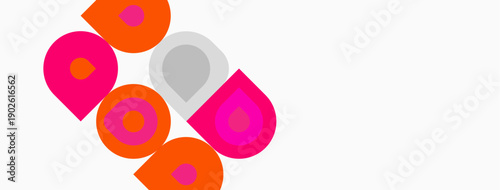 Abstract shapes, vibrant colors, playful design. Pink, orange, gray elements create dynamic composition. Minimalist aesthetic, modern feel.