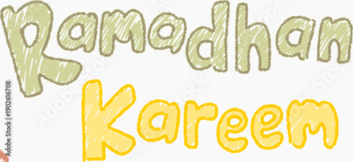 Ramadhan Kareem scribble text on green and yellow color. Ideal for Ramadan greetings, posters, and religious designs.