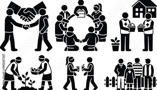 Community coming together in various social and supportive interactions