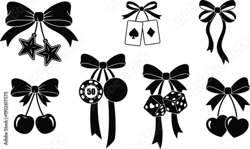 Flat vector bow charm set showing hanging stars playing cards cherries casino chip dice and hearts tied with ribbon close up silhouette black minimal icon collection