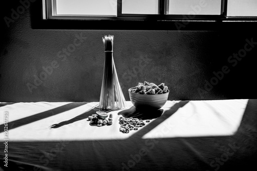 Minimalist black and white food still life