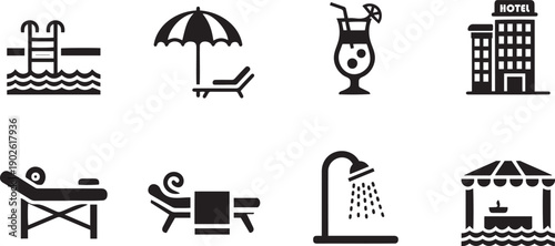 Summer vacation black vector collection.  pictogram of Hotel, Spa, swimming pool, chairl and resort isolated on white backgorund.